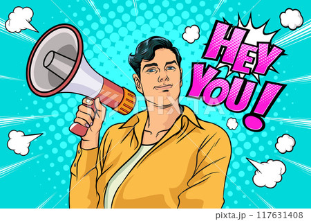 Business man with loudspeaker megaphone announcing discount or sale Special offer shopping time Business man with loudspeaker megaphone announcing discount or sale Special offer shopping time 117631408