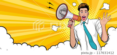 Business man with loudspeaker megaphone announcing discount or sale Special offer shopping time 117631412
