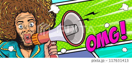 Business man with loudspeaker megaphone announcing discount or sale Special offer shopping time Business man with loudspeaker megaphone announcing discount or sale Special offer shopping time 117631413