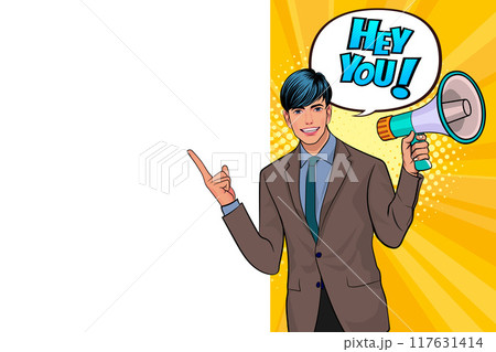 Business man with loudspeaker megaphone announcing discount or sale Special offer shopping time Business man with loudspeaker megaphone announcing discount or sale Special offer shopping time 117631414