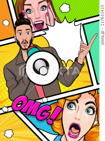 Business man with loudspeaker megaphone announcing discount or sale Special offer shopping time Business man with loudspeaker megaphone announcing discount or sale Special offer shopping time 117631415