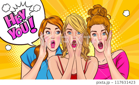 Woman whispering gossip secret to her friend surprise In Retro Vintage Pop Art Comic Style 117631423