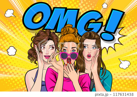 Woman whispering gossip secret to her friend surprise In Retro Vintage Pop Art Comic Style Woman whispering gossip secret to her friend surprise In Retro Vintage Pop Art Comic Style 117631438