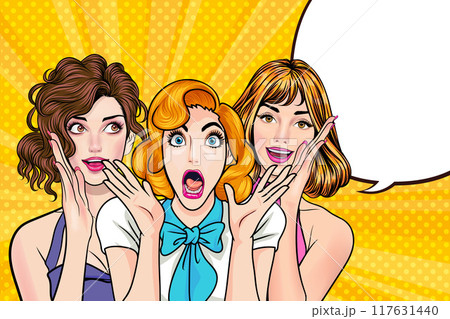 Woman whispering gossip secret to her friend surprise In Retro Vintage Pop Art Comic Style 117631440