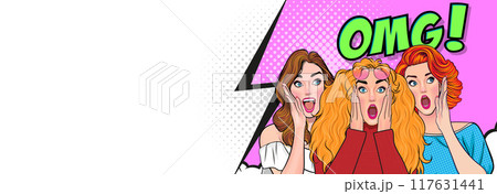 Woman whispering gossip secret to her friend surprise In Retro Vintage Pop Art Comic Style 117631441