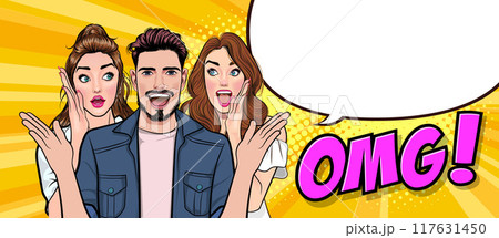people whispering gossip or business secret to friend surprised In Retro Vintage Pop Art Comic Style 117631450
