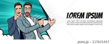 business people whispering gossip or business secret to friend surprised In Retro Vintage Pop Art Comic Style 117631457