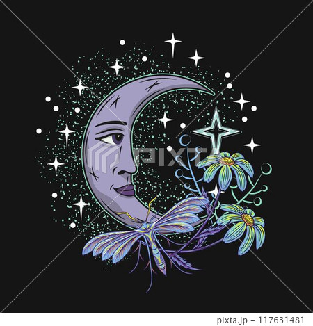 Composition with crescent moon with face, night butterfly, moth, flowers, scattered stars. Mythological fairytale, mystical concept. For clothing, apparel, T-shirts, kids design 117631481