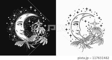 Monochrome composition with crescent moon with face, night butterfly, moth, flowers, scattered stars. Mythological fairytale, mystical concept. For clothing, apparel, T-shirts, kids design 117631482