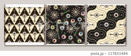 Halloween patterns with human eyeballs, bones, green goo,slime. Gothic bizarre illustrations. Textured black background. Vintage style. 117631484