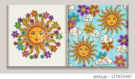 Seamless pattern, composition with sun with smiling face, clouds, scattered little chamomile flowers like cartoon emoji characters. Groovy hippie retro boho style for T-shirts, kids design 117631487