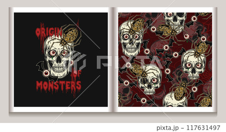Halloween pattern, label with eye monsters, skull Halloween pattern, label with eye monsters, skull 117631497