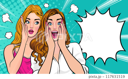 Woman whispering gossip secret to her friend surprise In Retro Vintage Pop Art Comic Style Woman whispering gossip secret to her friend surprise In Retro Vintage Pop Art Comic Style 117631519