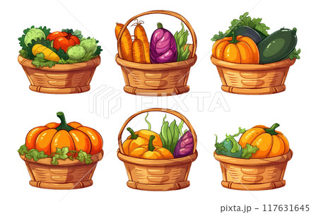 set vector illustration of autumn pumpkin harvest on a basket isolated on white background 117631645