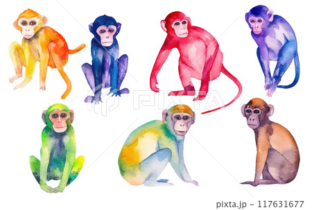 watercolor set illustration of wild monkey in jungle isolated on white background watercolor set illustration of wild monkey in jungle isolated on white background 117631677