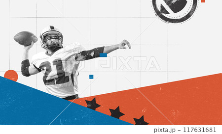 Poster. Contemporary artwork. Quarterback, mid-throw against minimalist backdrop of bold geometric shapes in blue and orange. Paper texture. Vintage style design. 117631681