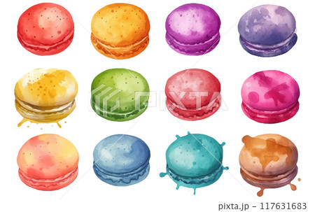 set vector watercolor illustration of multicolors macaron cakes isolated on white background set vector watercolor illustration of multicolors macaron cakes isolated on white background 117631683