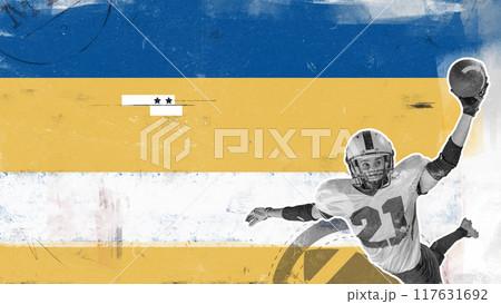 Poster. Contemporary artwork. Football player in mid-air catches ball with determination against bold, striped background. Paper texture. Vintage style design. Poster. Contemporary artwork. Football player in mid-air catches ball with determination against bold, striped background. Paper texture. Vintage style design. 117631692