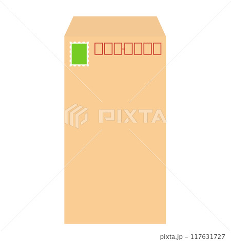 切手のついた縦長の茶色の封筒 117631727