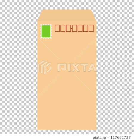 切手のついた縦長の茶色の封筒 117631727