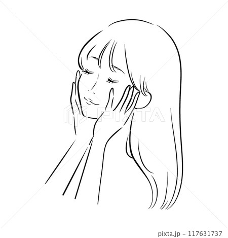 美容 顔に手をあてる 女性 線画 黒 117631737