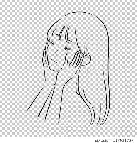 美容 顔に手をあてる 女性 線画 黒 117631737