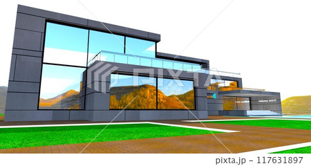 Flagstone pathways with illuminated white borders on the grounds of a private countryside estate, built in a mountainous area near Las Vegas. 3D rendering. Flagstone pathways with illuminated white borders on the grounds of a private countryside estate, built in a mountainous area near Las Vegas. 3D rendering. 117631897