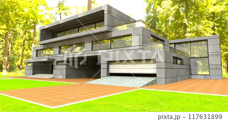 Garage exit from a stunning countryside high-tech mansion with stone paneling, set in a sunny autumn park. 3D rendering. Garage exit from a stunning countryside high-tech mansion with stone paneling, set in a sunny autumn park. 3D rendering. 117631899
