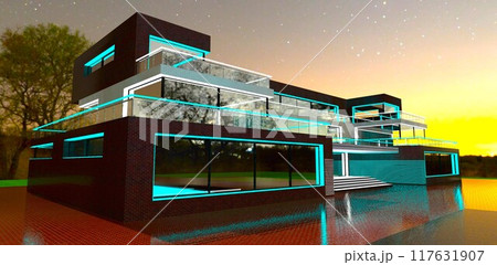 Nighttime lighting of a modern countryside estate. Glass and brick blend well under a starry sky. 3D rendering. 117631907