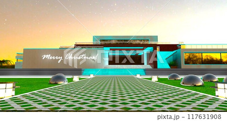 Pedestrian walkway with lawn paving leading to the entrance of a luxurious mansion. Lanterns on either side of the glowing border. Merry Christmas. 3D rendering. 117631908