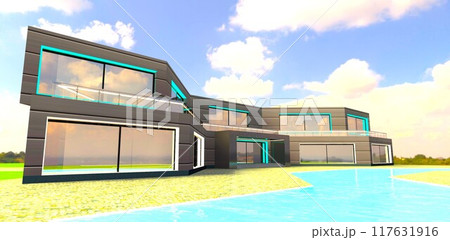 Stunning multi-family country property design. Minimalism combined with innovative finishing materials. 3D rendering. Stunning multi-family country property design. Minimalism combined with innovative finishing materials. 3D rendering. 117631916