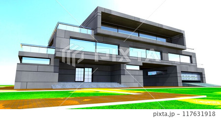 Sunlit reflections on the ground in front of the entrance to a wonderful countryside building. Stone panels as durable facade finishing. 3D rendering. 117631918