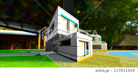 The imaginative design of modern countryside real estate by North Carolina designers. Metal exterior finish blends well with the shaded background. 3D rendering. 117631919