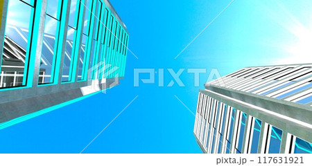 View from below of monolithic concrete skyscrapers for low-income residents in Dubai. Beautiful sunny sky and facade lighting. 3D rendering. 117631921