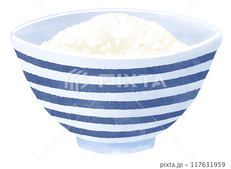 青い縞模様のお茶碗に入ったご飯 水彩タッチ 青い縞模様のお茶碗に入ったご飯 水彩タッチ 117631959