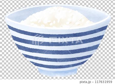 青い縞模様のお茶碗に入ったご飯 水彩タッチ 青い縞模様のお茶碗に入ったご飯 水彩タッチ 117631959