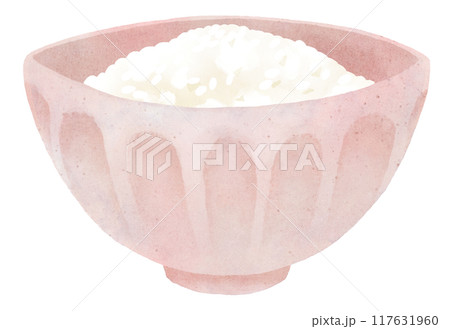 ピンク色のお茶碗に入ったご飯 水彩タッチ ピンク色のお茶碗に入ったご飯 水彩タッチ 117631960