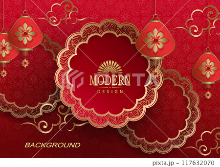 Great textured background in red with a round frame and golden clouds Great textured background in red with a round frame and golden clouds 117632070