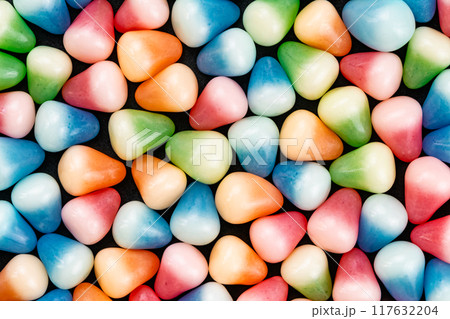 Top view pile of colorful sugar coated crispy jelly. 117632204