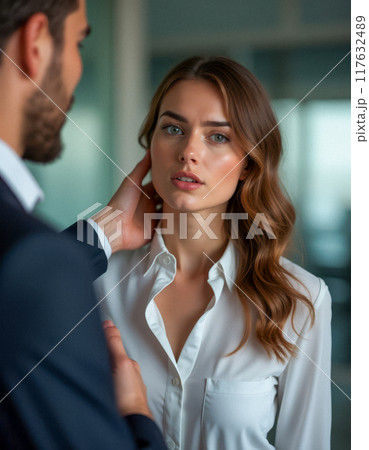 Workplace harassment scene, male boss in suit inappropriately touching young female employee in office. Man hand on woman face, uncomfortable expression Workplace harassment scene, male boss in suit inappropriately touching young female employee in office. Man hand on woman face, uncomfortable expression 117632489