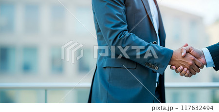 Close-up of handshake between professionals, symbolizing successful negotiation or agreement, blurred office background, copy space, corporate partnership and trust in professional environment 117632494