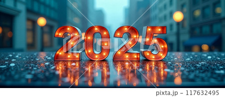 Bright 2025 numbers on urban backdrop. New Year celebration, vibrant glowing design, festive atmosphere, city skyline blurred in background, futuristic and modern holiday spirit 117632495
