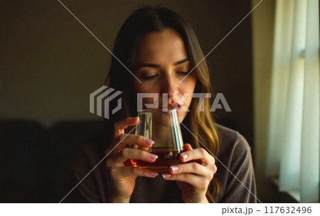 Woman holding glass of alcohol in dimly lit room, close-up on hand and drink, indoor setting, solitude drinking concept, addiction theme 117632496