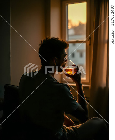 Man sitting alone by window, drinking alcohol in dark room, male alcoholism and depression. emotional pain, and struggles with mental health 117632497