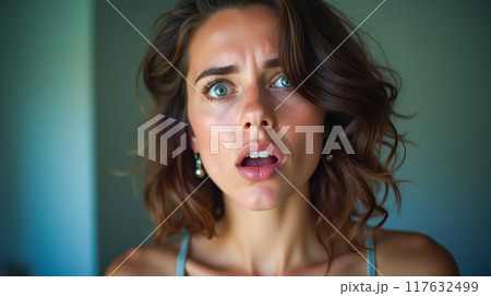 Young woman with shocked expression, wide-eyed...のイラスト素材 [117632499 ...