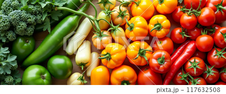 Fresh vegetables top view wide banner with various colorful veggies arranged in neat rows. Organic ingredients include tomatoes, cucumbers, bell peppers, onions, lettuce, healthy produce Fresh vegetables top view wide banner with various colorful veggies arranged in neat rows. Organic ingredients include tomatoes, cucumbers, bell peppers, onions, lettuce, healthy produce 117632508