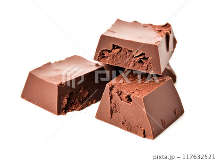Stacked Chocolate Pieces Soft Filling Isolated White Background, Glossy Brown Sweet Treat, Culinary Delight Close-up View Stacked Chocolate Pieces Soft Filling Isolated White Background, Glossy Brown Sweet Treat, Culinary Delight Close-up View 117632521
