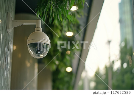 A camera is mounted on a pole in front of a green plant 117632589