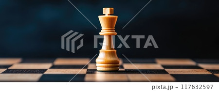 A wooden chess piece is on a black and white checkered board, Concept of strategy and competition 117632597
