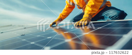 A man in an orange jacket is working on a solar panel, sustainable power technology, Concept of hard work and dedication to the task at hand A man in an orange jacket is working on a solar panel, sustainable power technology, Concept of hard work and dedication to the task at hand 117632622
